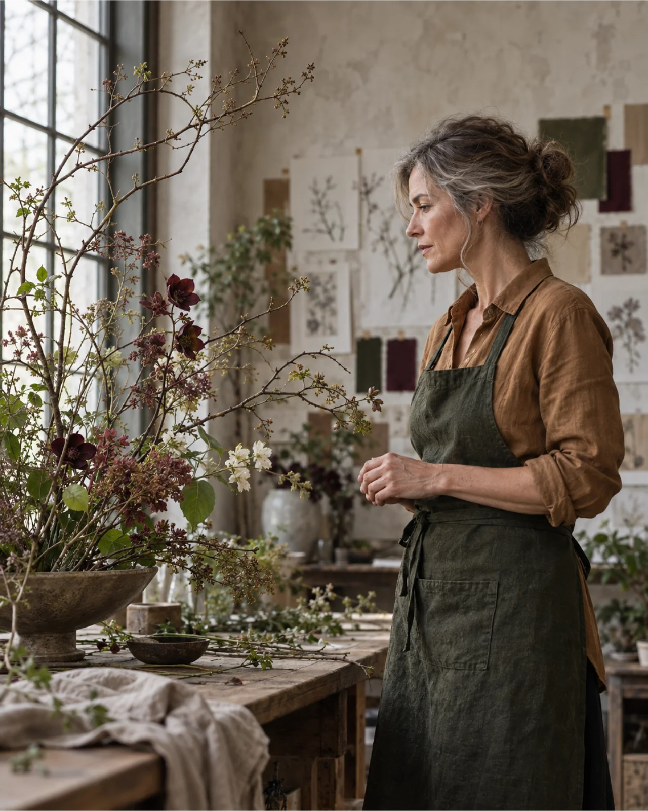 Atelier Briar founder studying a branch arrangement