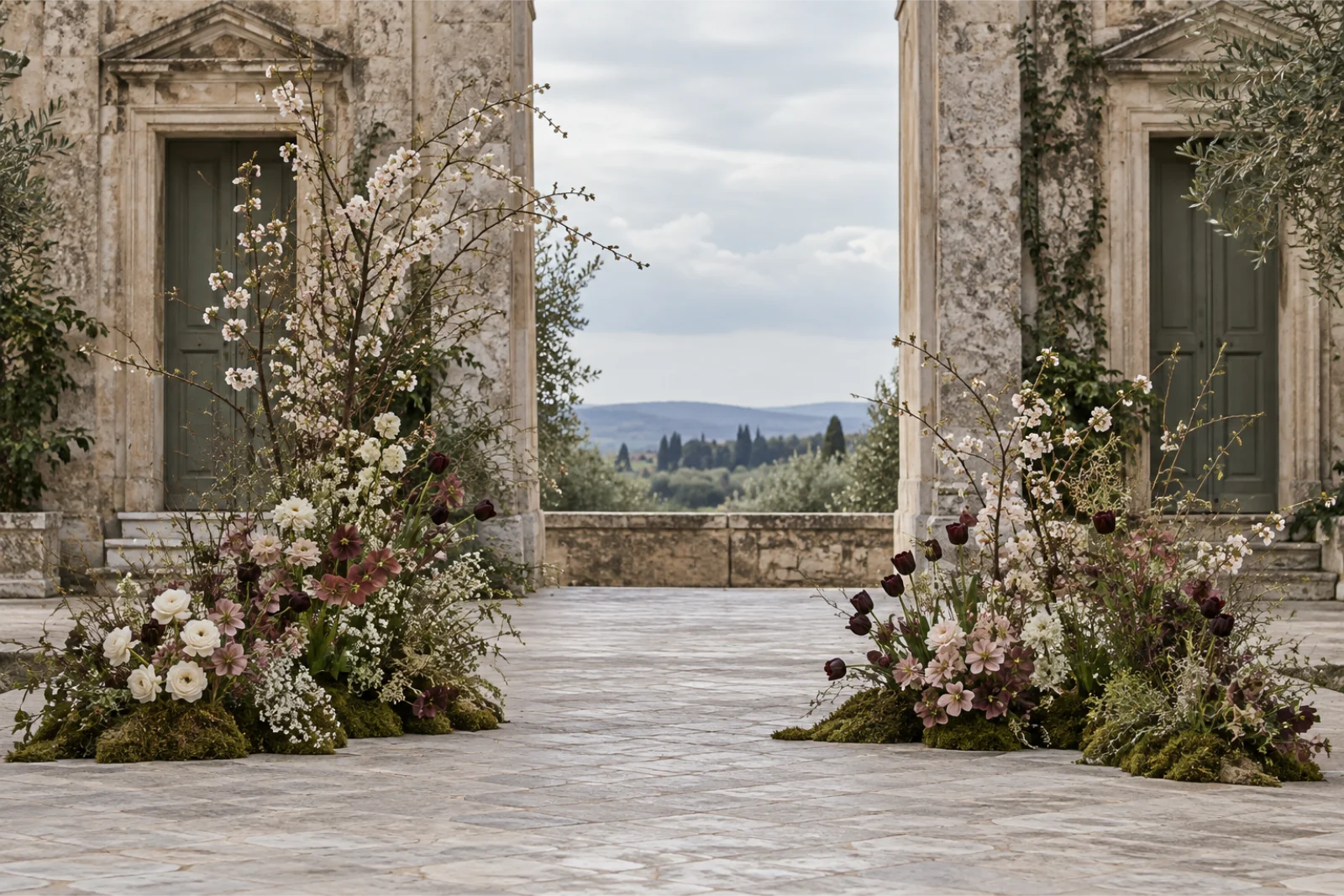 Asymmetrical ceremony flowers in a limestone courtyard