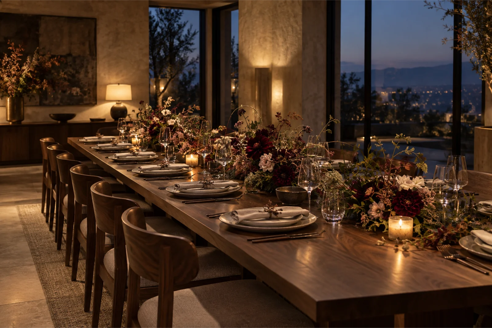 Low floral installation along a private dinner table