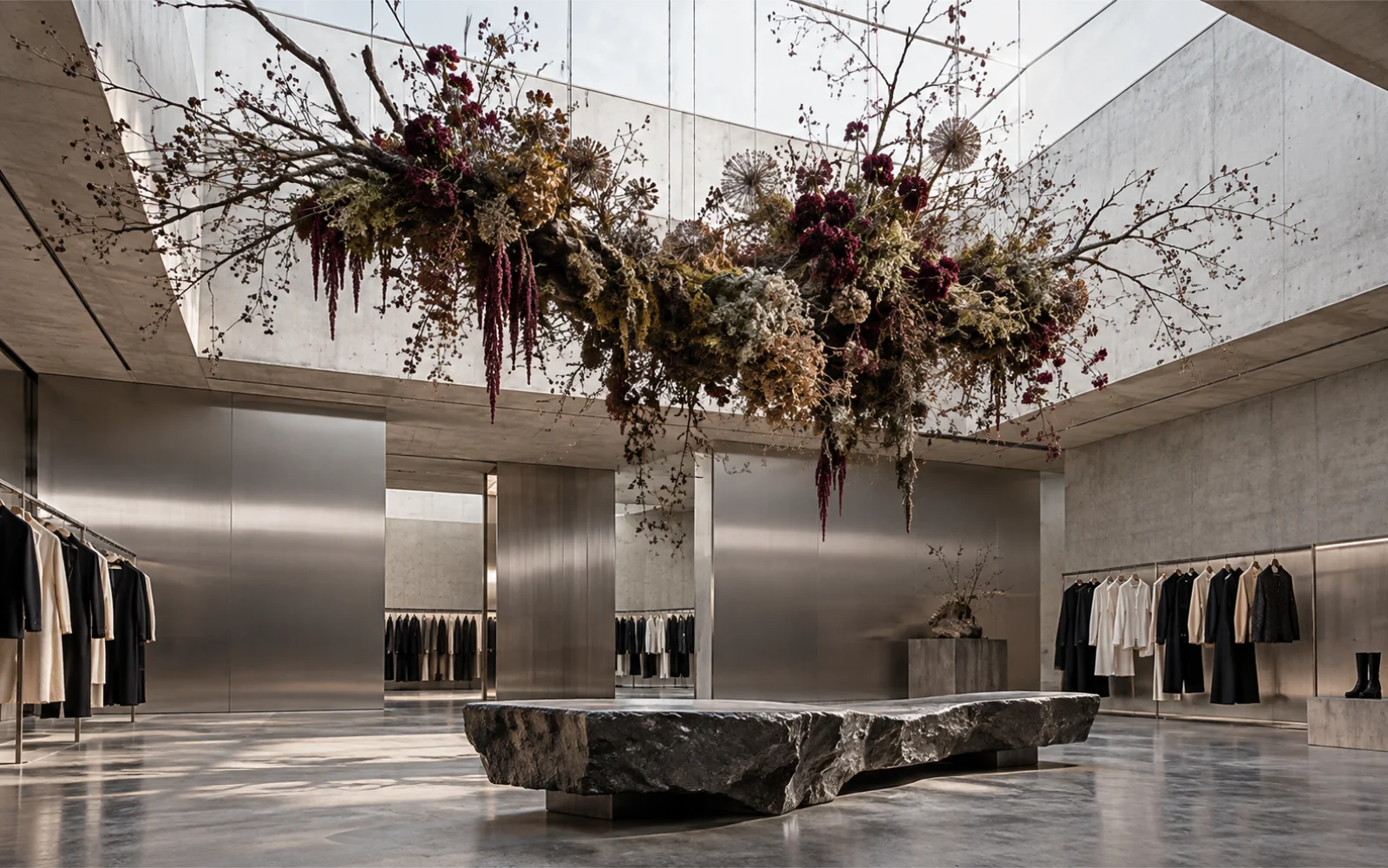 Suspended botanical installation in a contemporary boutique
