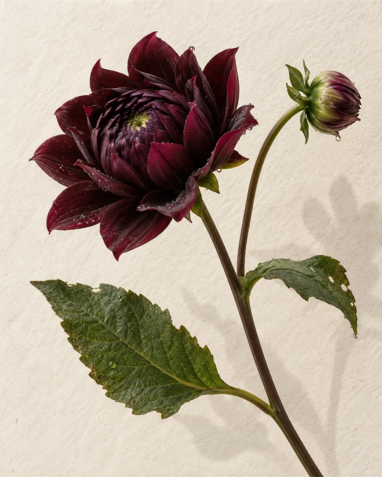 Near-black burgundy dahlia botanical study