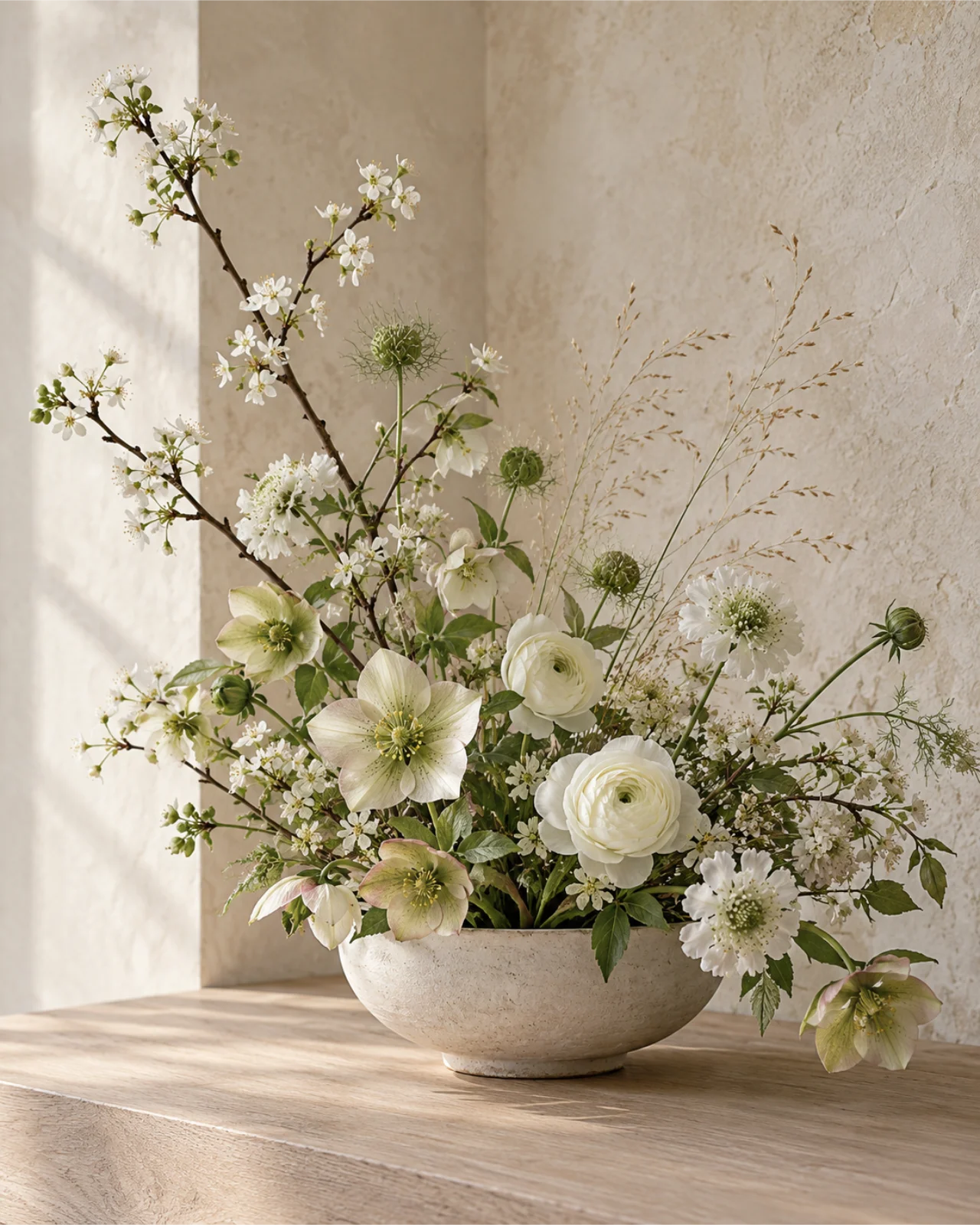 Airy white flowers and branches in a chalk ceramic bowl