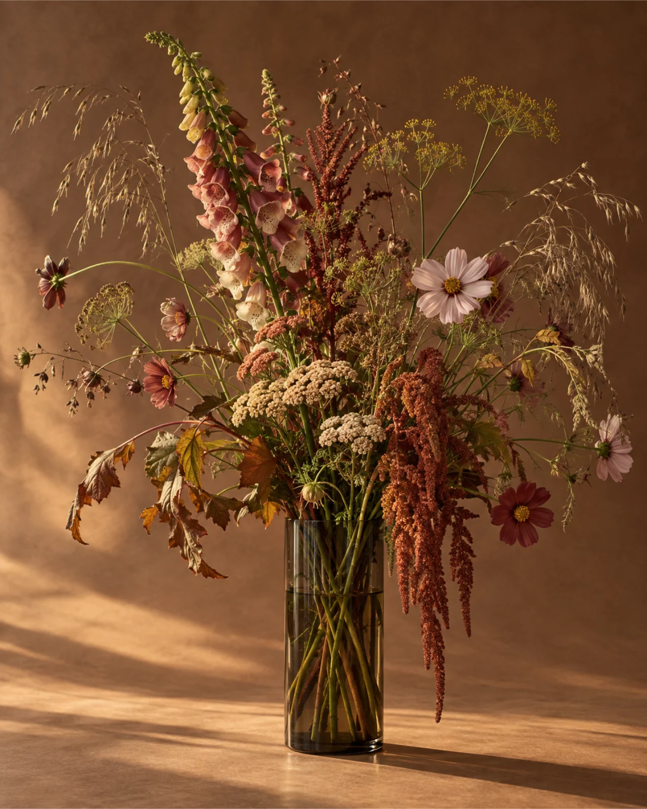 Meadow flowers and grasses in smoked glass