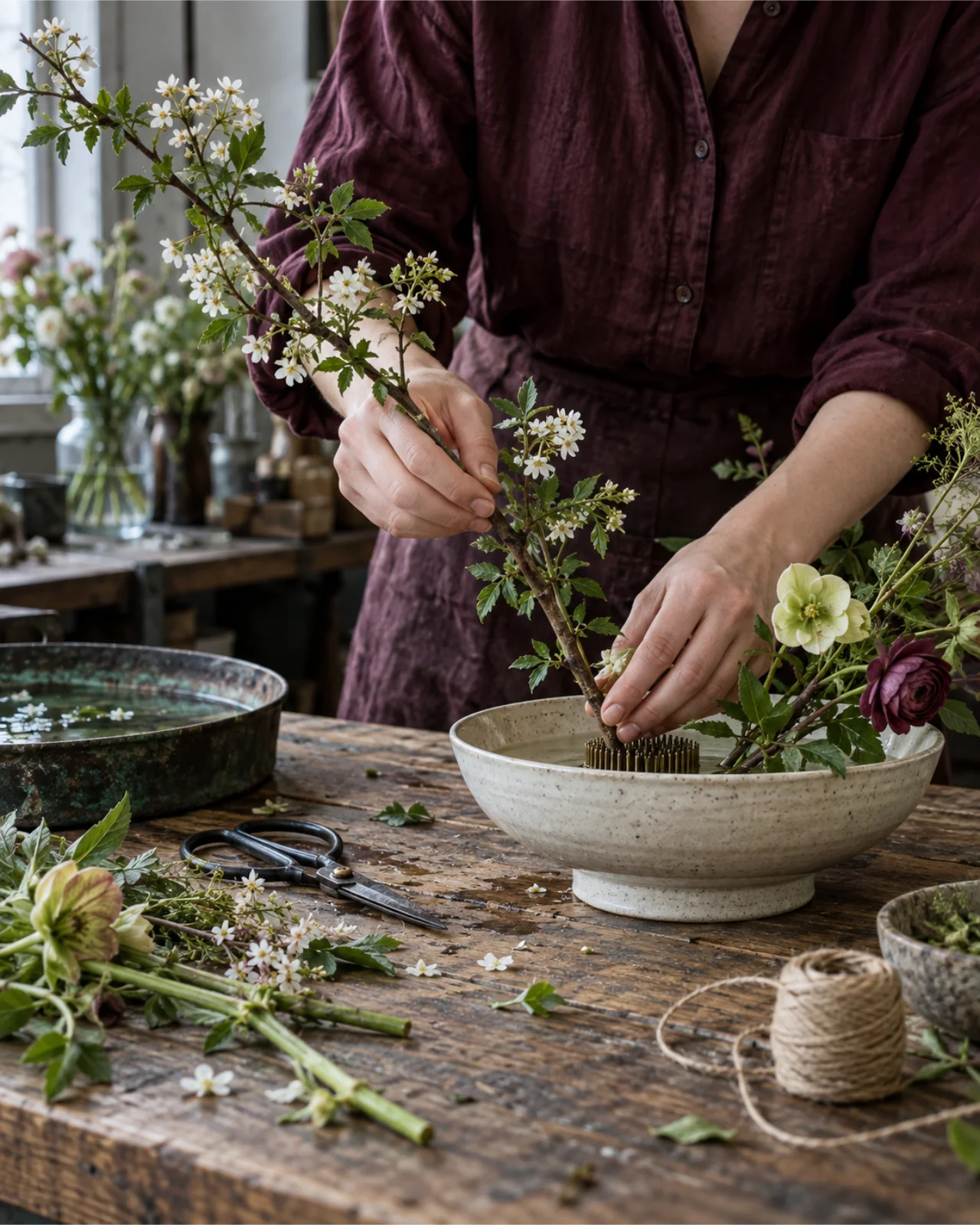Florist placing a flowering branch into a ceramic vessel
