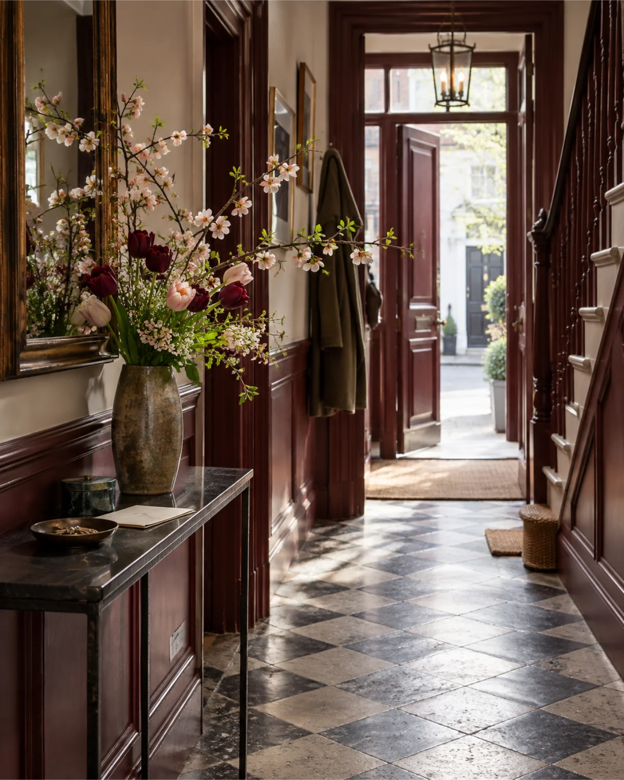Weekly flowers in a burgundy townhouse entryway