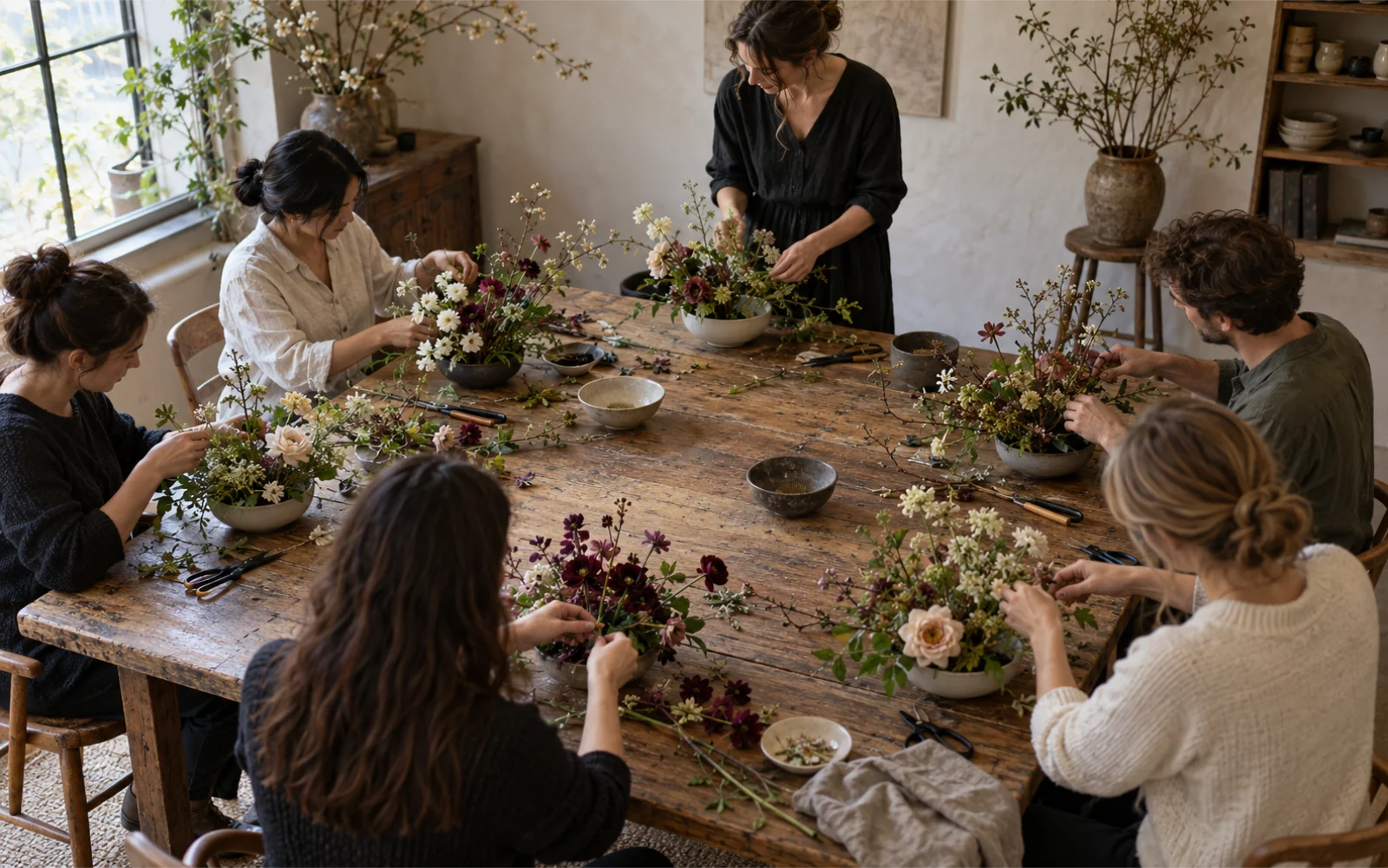 Six people making low arrangements around an oak studio table